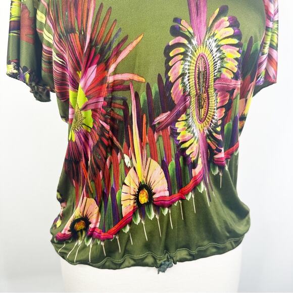 Jean Paul Gaultier Soleil Women’s Small Green Floral Printed Cold Shoulder Top - Picture 3 of 10